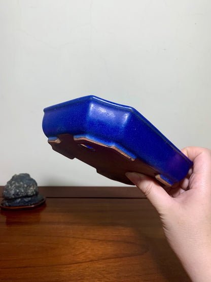 Ruri Blue Glaze, Cut-Cornered Rectangular Japanese Pot by Yōmei Kyōchi