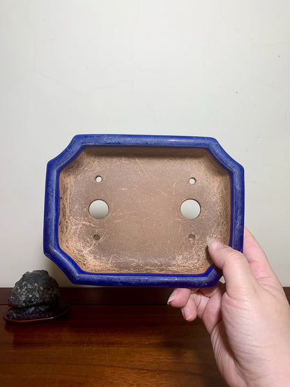 Ruri Blue Glaze, Cut-Cornered Rectangular Japanese Pot by Yōmei Kyōchi