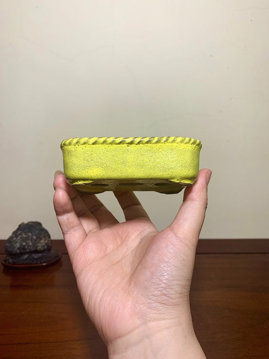 A hand holds a bright yellow, rectangular pot with a textured, rope-like rim and four drainage holes.