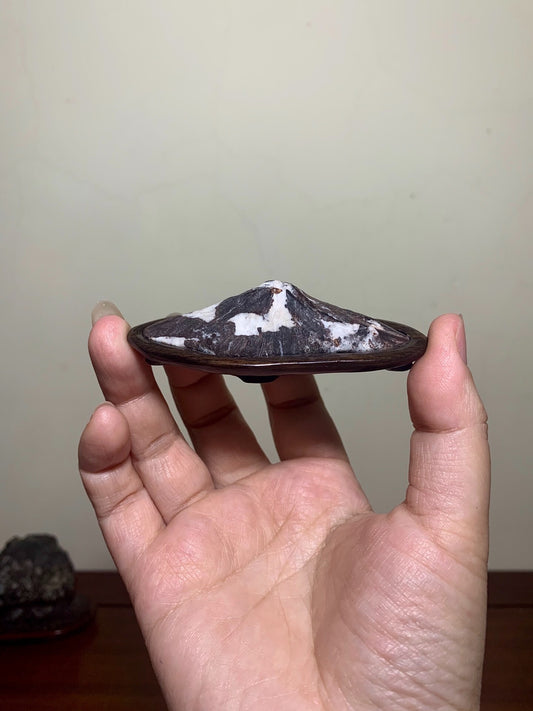 A hand holds a small, dark brown, glossy pot with white and black mottled glaze.