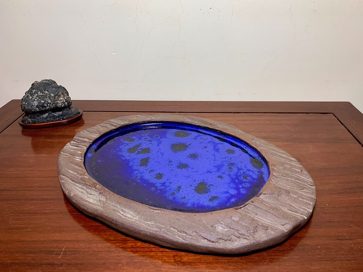 Kozukuri Sōsen Tree-Patterned Ruri Blue Glaze Kiln-Transmuted Suiban Tray