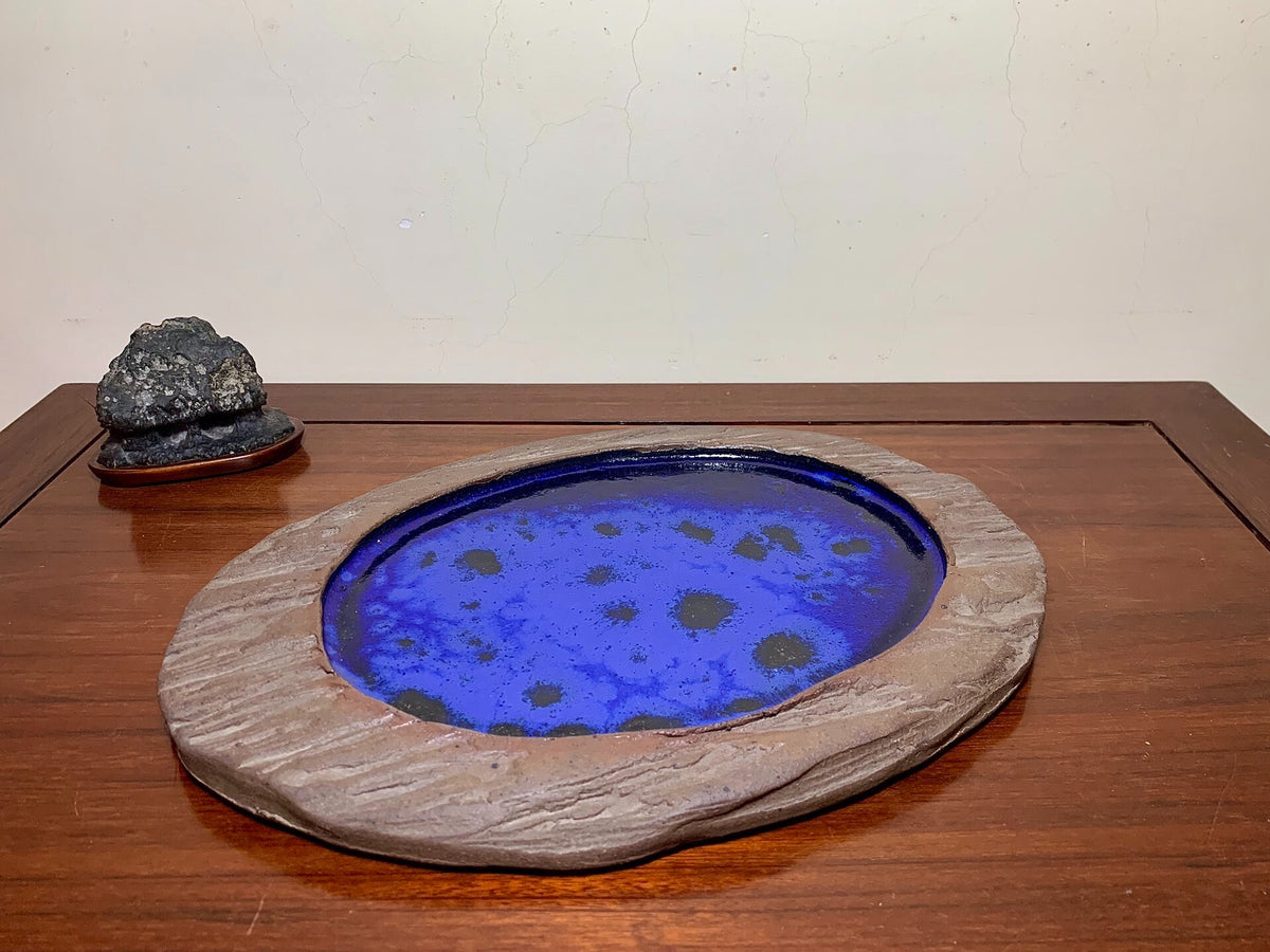 Kozukuri Sōsen Tree-Patterned Ruri Blue Glaze Kiln-Transmuted Suiban Tray