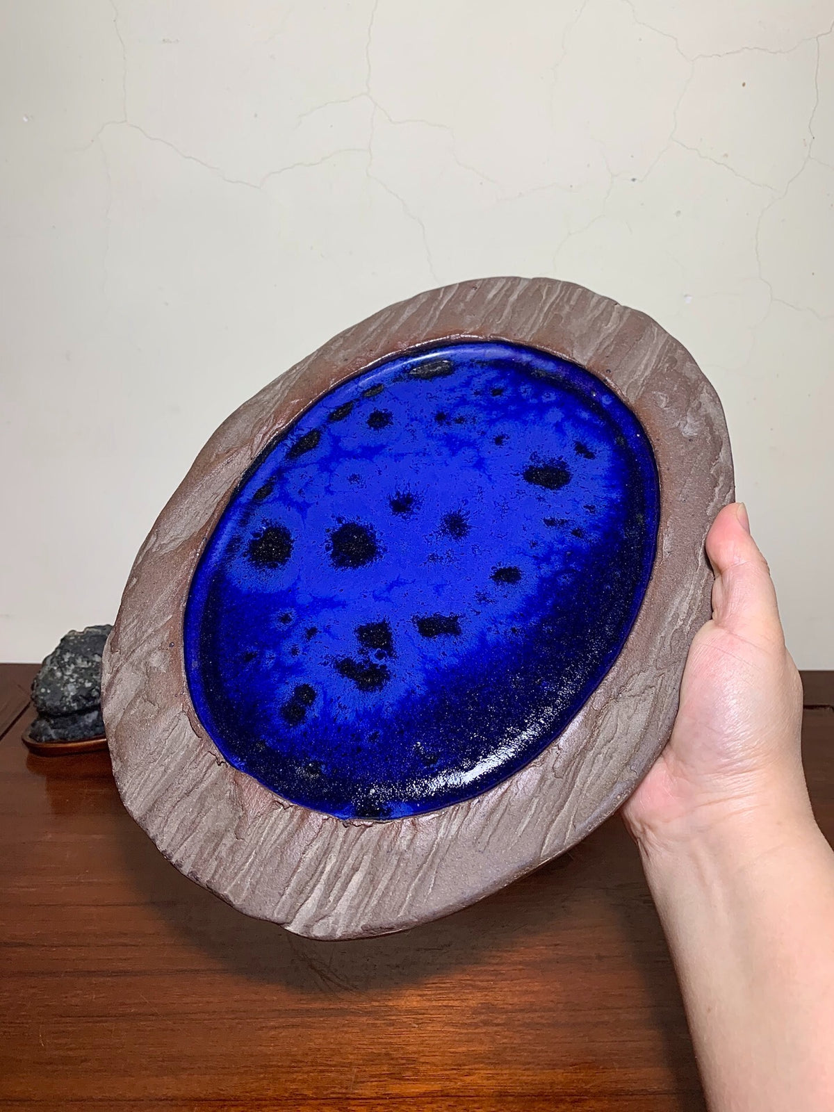 Kozukuri Sōsen Tree-Patterned Ruri Blue Glaze Kiln-Transmuted Suiban Tray