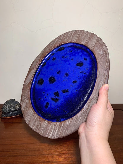 Kozukuri Sōsen Tree-Patterned Ruri Blue Glaze Kiln-Transmuted Suiban Tray
