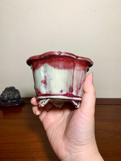 Shi-Saki Ishin Shinsha Copper-Red Glaze Kiln-Transmuted Wheel-Pattern Japanese Pot