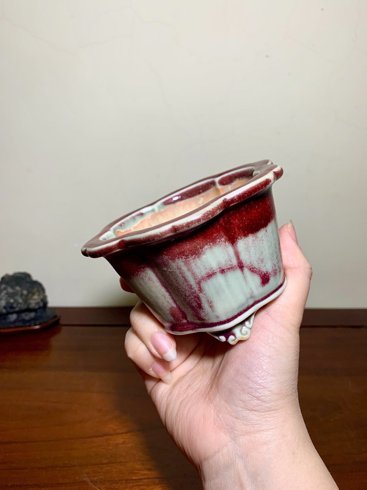 Shi-Saki Ishin Shinsha Copper-Red Glaze Kiln-Transmuted Wheel-Pattern Japanese Pot
