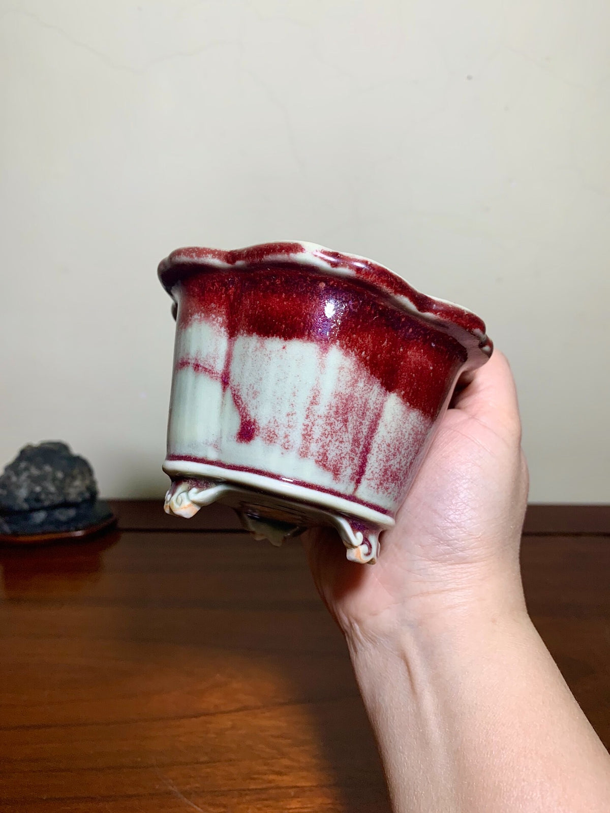 Shi-Saki Ishin Shinsha Copper-Red Glaze Kiln-Transmuted Wheel-Pattern Japanese Pot