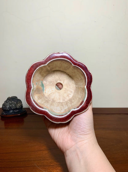 Shi-Saki Ishin Shinsha Copper-Red Glaze Kiln-Transmuted Wheel-Pattern Japanese Pot