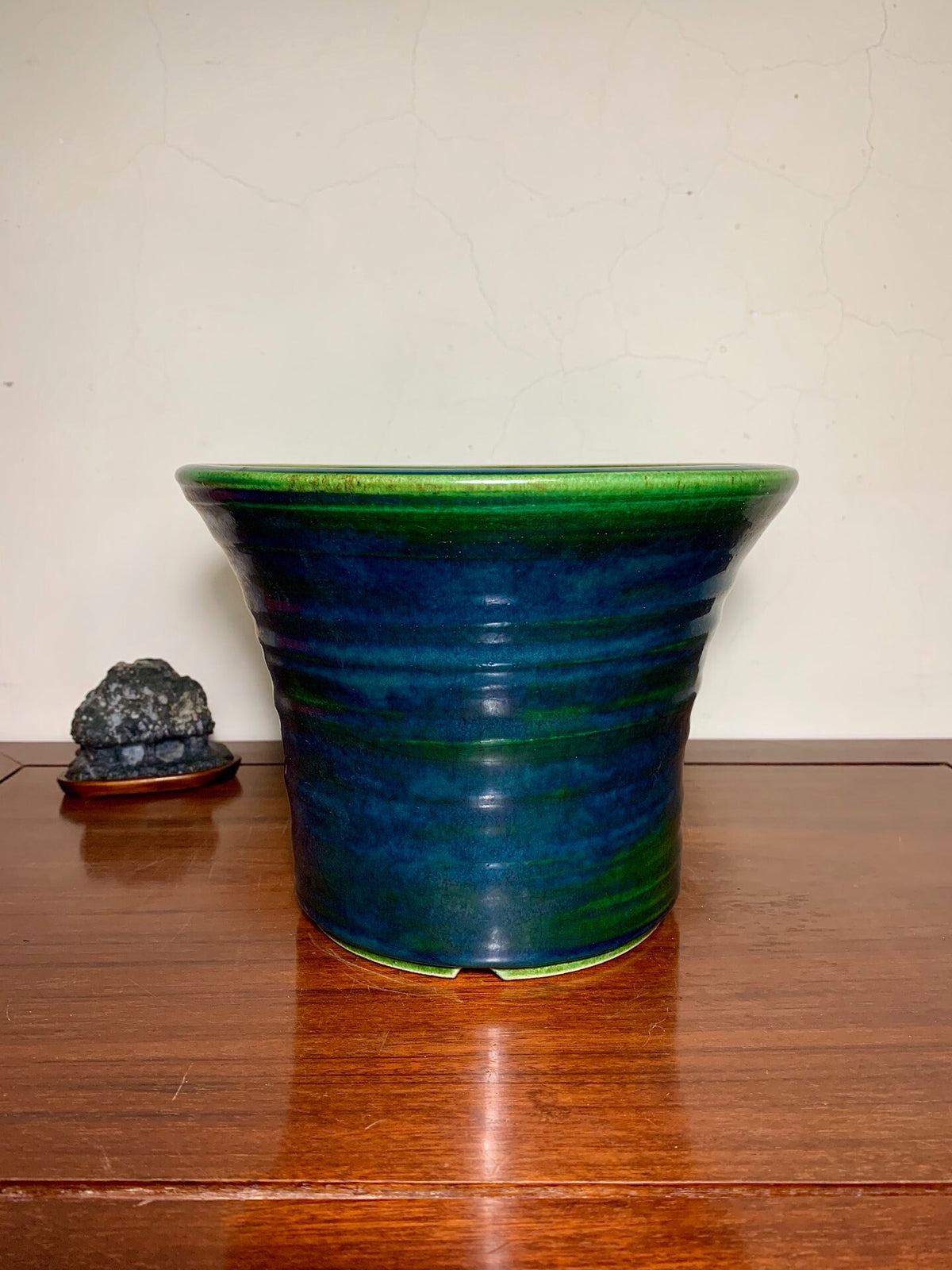 Shido Rimi Green Glaze Kiln-Transmuted Outer Rim Large Cylindrical Pot Japanese Bonsai Pot