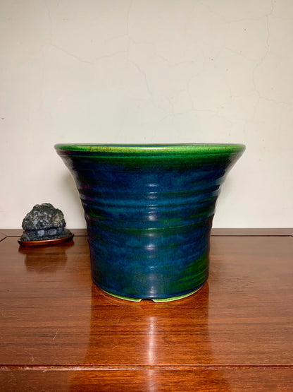 Shido Rimi Green Glaze Kiln-Transmuted Outer Rim Large Cylindrical Pot Japanese Bonsai Pot