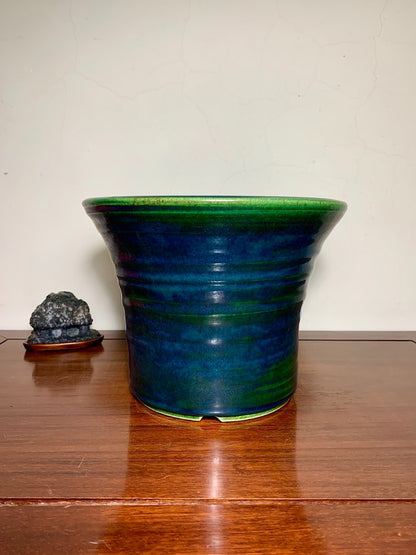 Shido Rimi Green Glaze Kiln-Transmuted Outer Rim Large Cylindrical Pot Japanese Bonsai Pot