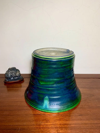 Shido Rimi Green Glaze Kiln-Transmuted Outer Rim Large Cylindrical Pot Japanese Bonsai Pot