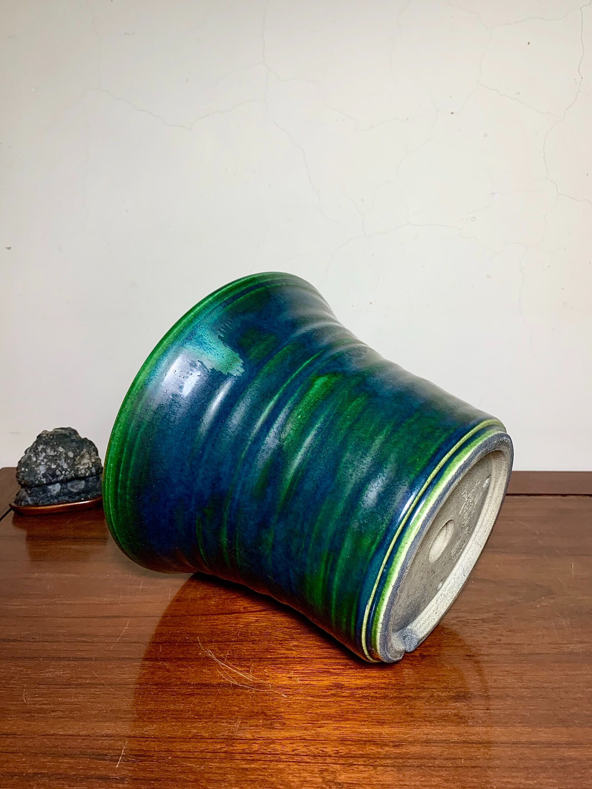 Shido Rimi Green Glaze Kiln-Transmuted Outer Rim Large Cylindrical Pot Japanese Bonsai Pot