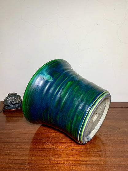 Shido Rimi Green Glaze Kiln-Transmuted Outer Rim Large Cylindrical Pot Japanese Bonsai Pot