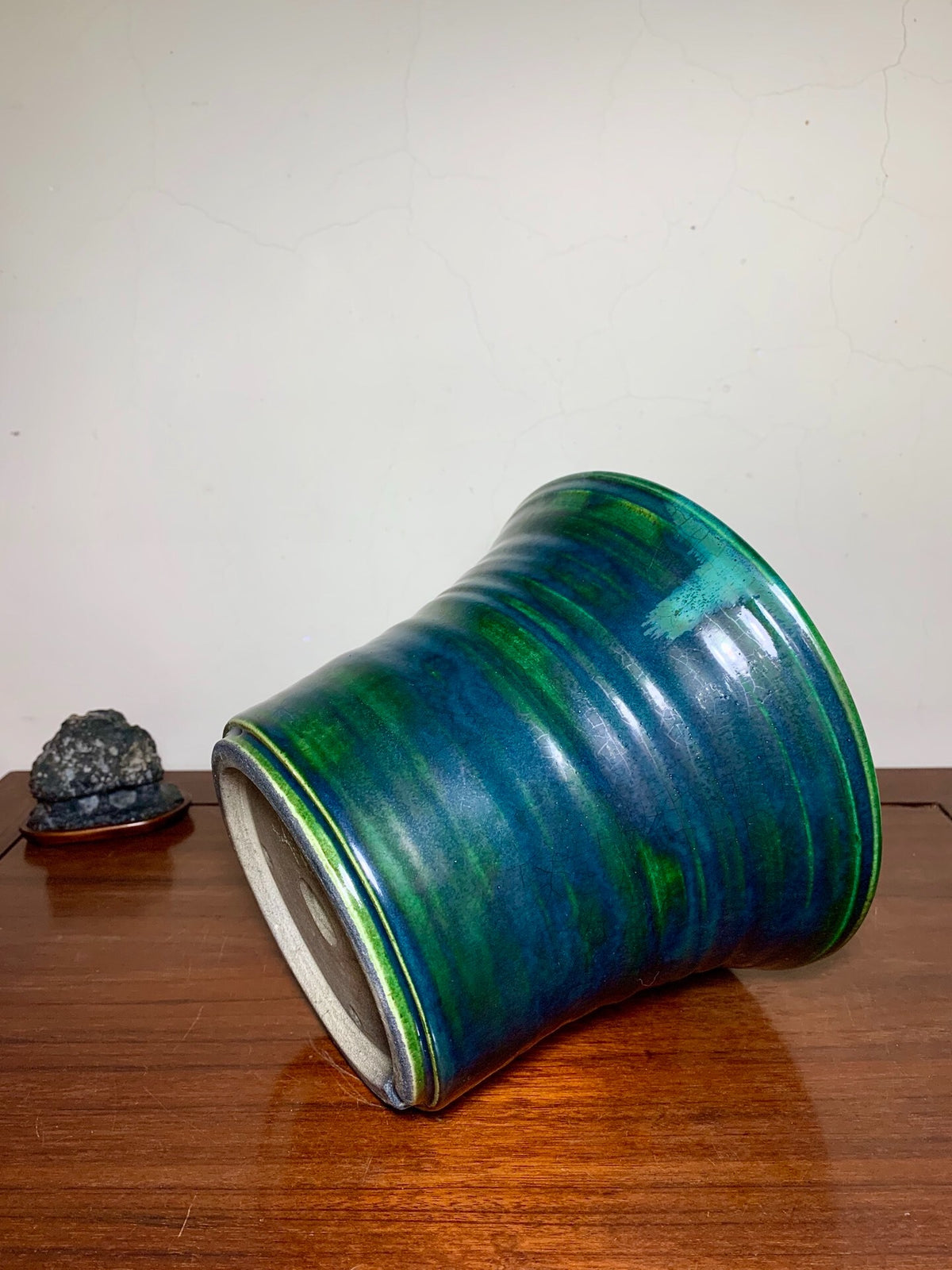 Shido Rimi Green Glaze Kiln-Transmuted Outer Rim Large Cylindrical Pot Japanese Bonsai Pot