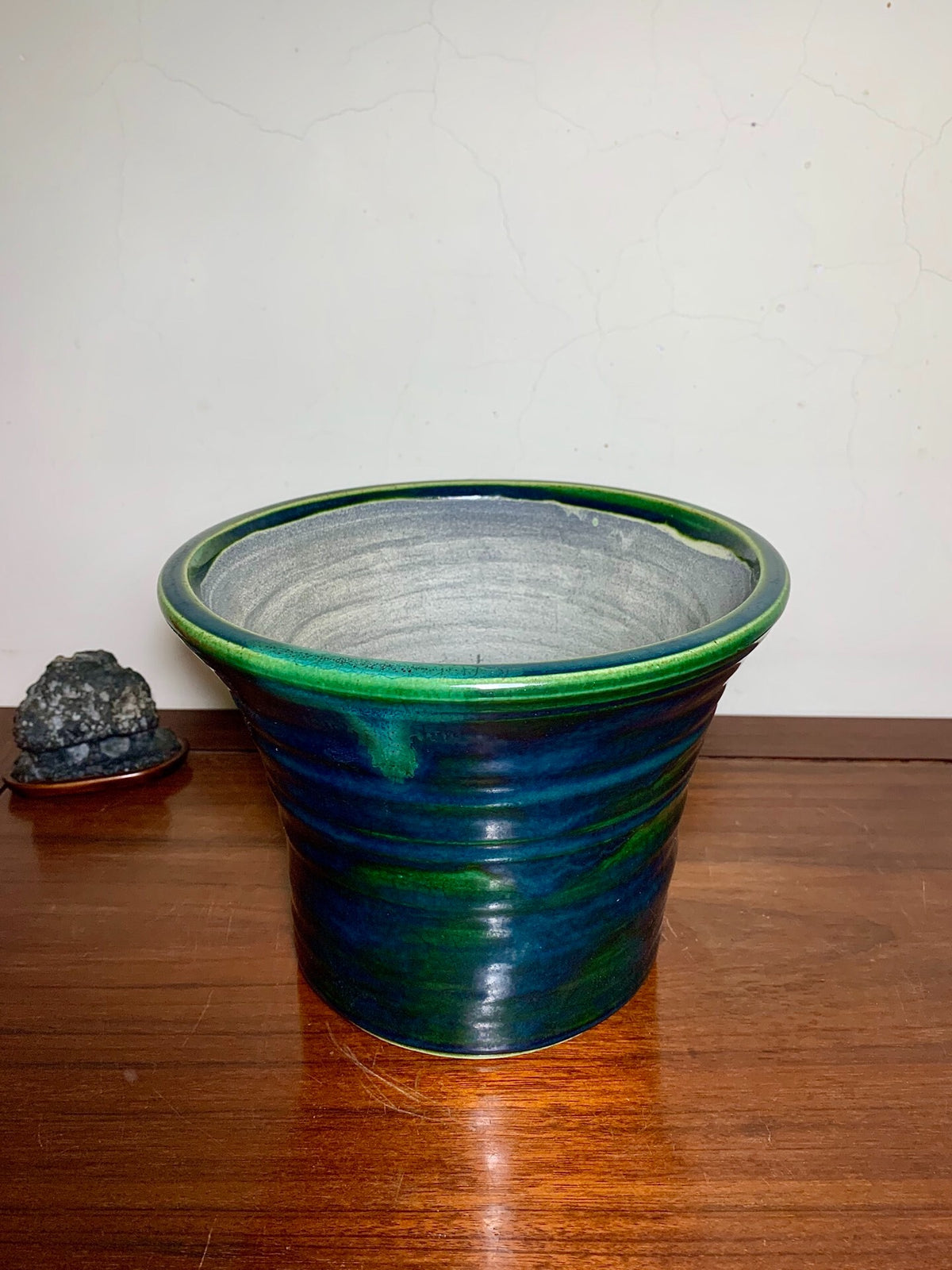 Shido Rimi Green Glaze Kiln-Transmuted Outer Rim Large Cylindrical Pot Japanese Bonsai Pot