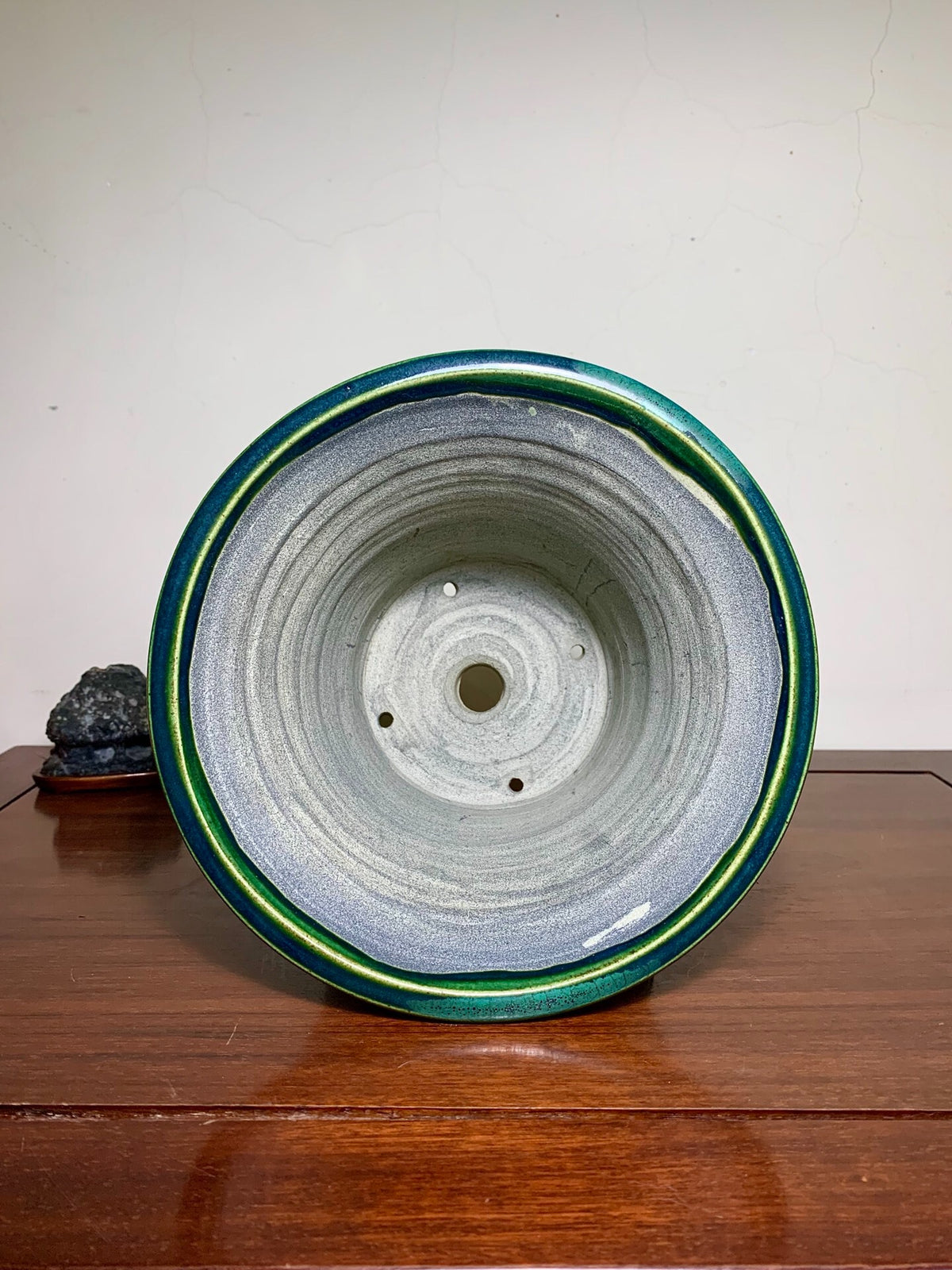 Shido Rimi Green Glaze Kiln-Transmuted Outer Rim Large Cylindrical Pot Japanese Bonsai Pot