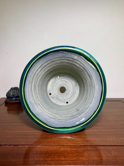 Shido Rimi Green Glaze Kiln-Transmuted Outer Rim Large Cylindrical Pot Japanese Bonsai Pot