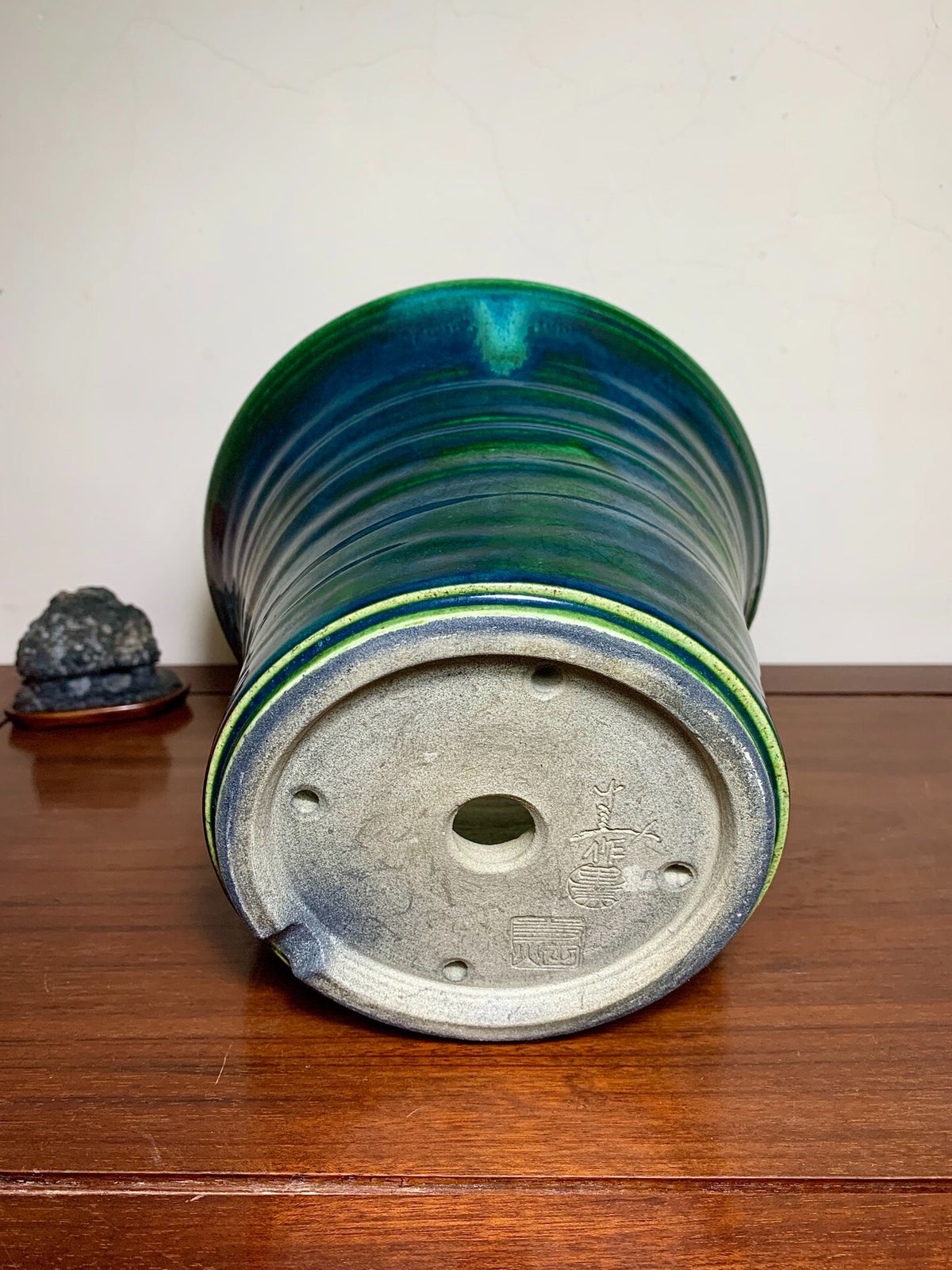 Shido Rimi Green Glaze Kiln-Transmuted Outer Rim Large Cylindrical Pot Japanese Bonsai Pot