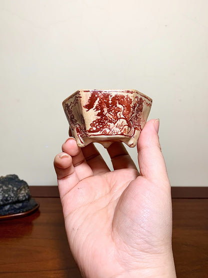 Ushū Katsuyama Red-Painted Hexagonal Landscape with Visitors, Japanese Bonsai Pot