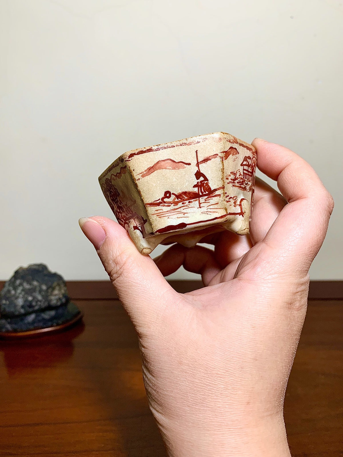 Ushū Katsuyama Red-Painted Hexagonal Landscape with Visitors, Japanese Bonsai Pot