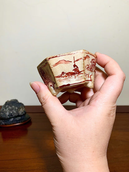 Ushū Katsuyama Red-Painted Hexagonal Landscape with Visitors, Japanese Bonsai Pot