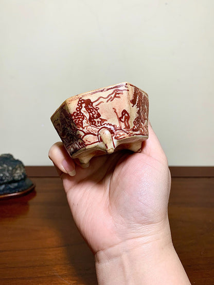Ushū Katsuyama Red-Painted Hexagonal Landscape with Visitors, Japanese Bonsai Pot