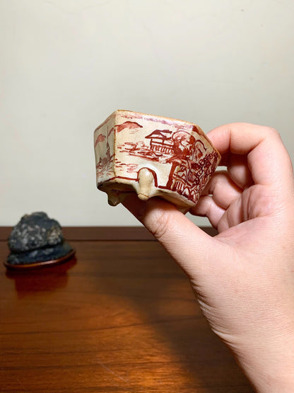 Ushū Katsuyama Red-Painted Hexagonal Landscape with Visitors, Japanese Bonsai Pot
