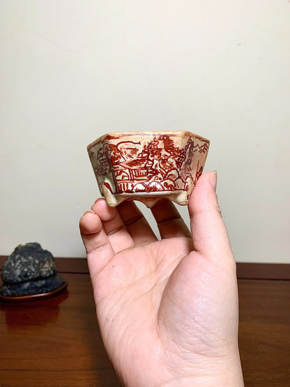Ushū Katsuyama Red-Painted Hexagonal Landscape with Visitors, Japanese Bonsai Pot