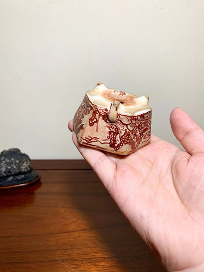 Ushū Katsuyama Red-Painted Hexagonal Landscape with Visitors, Japanese Bonsai Pot