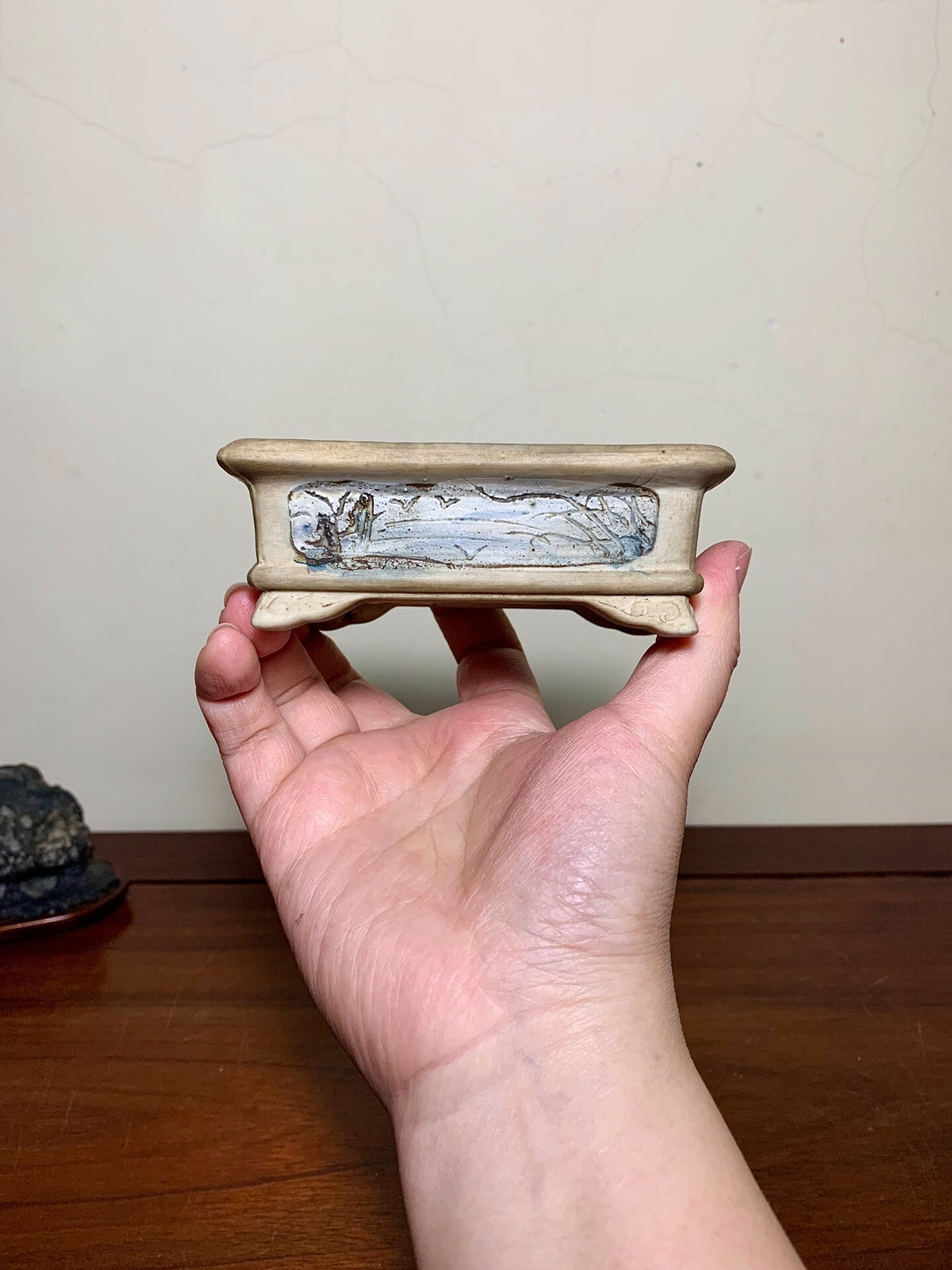 Asai Chasen Open-Panel Relief-Carved Landscape Japanese Pot