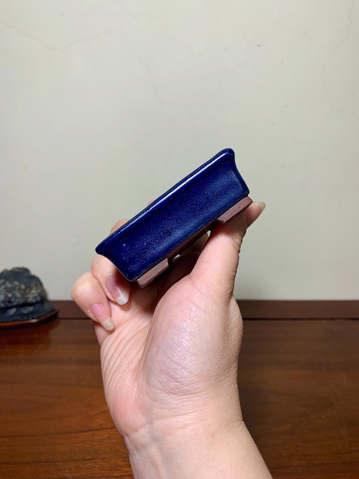 Heian Tōfuku-Ji Ruri Blue Glaze Outer Rim Rectangular Japanese Pot