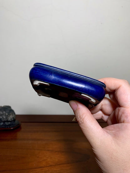 Kikuchi Shunyo Ruri Glaze Bag-Style Rectangular Japanese Pot