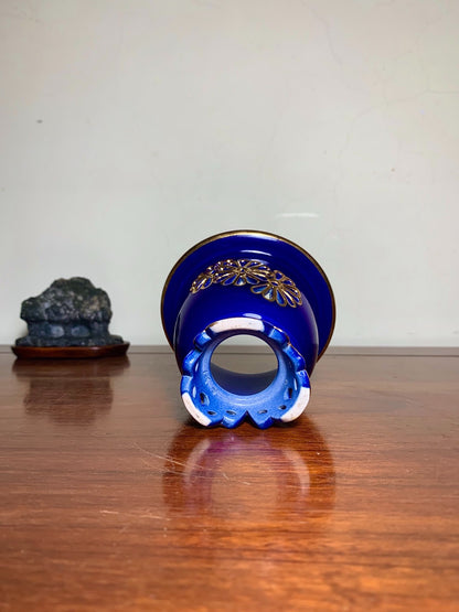 Sakai Tensan Gold-Enamelled Blue Glaze Pierced Chrysanthemum Pattern Omoto Pot