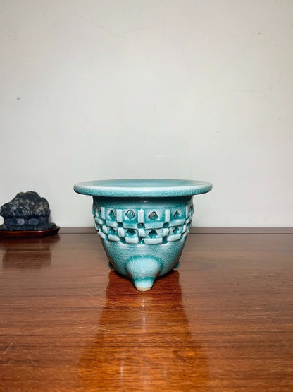 Blue-Green Glazed Pot with Crackled Glaze and Pierced Decoration by Meikō