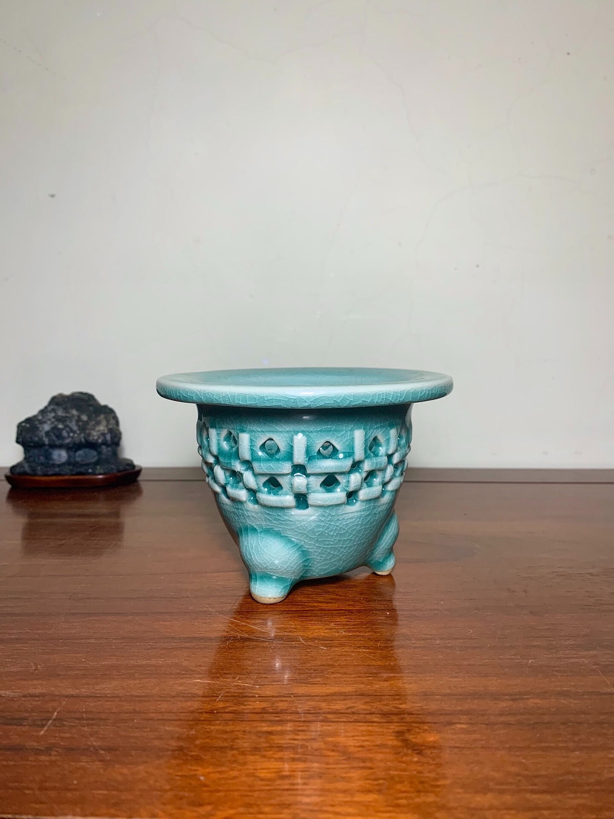 Blue-Green Glazed Pot with Crackled Glaze and Pierced Decoration by Meikō