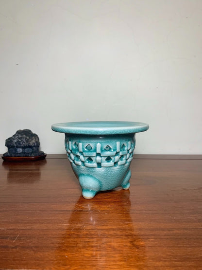 Blue-Green Glazed Pot with Crackled Glaze and Pierced Decoration by Meikō