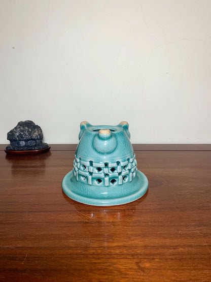 Blue-Green Glazed Pot with Crackled Glaze and Pierced Decoration by Meikō