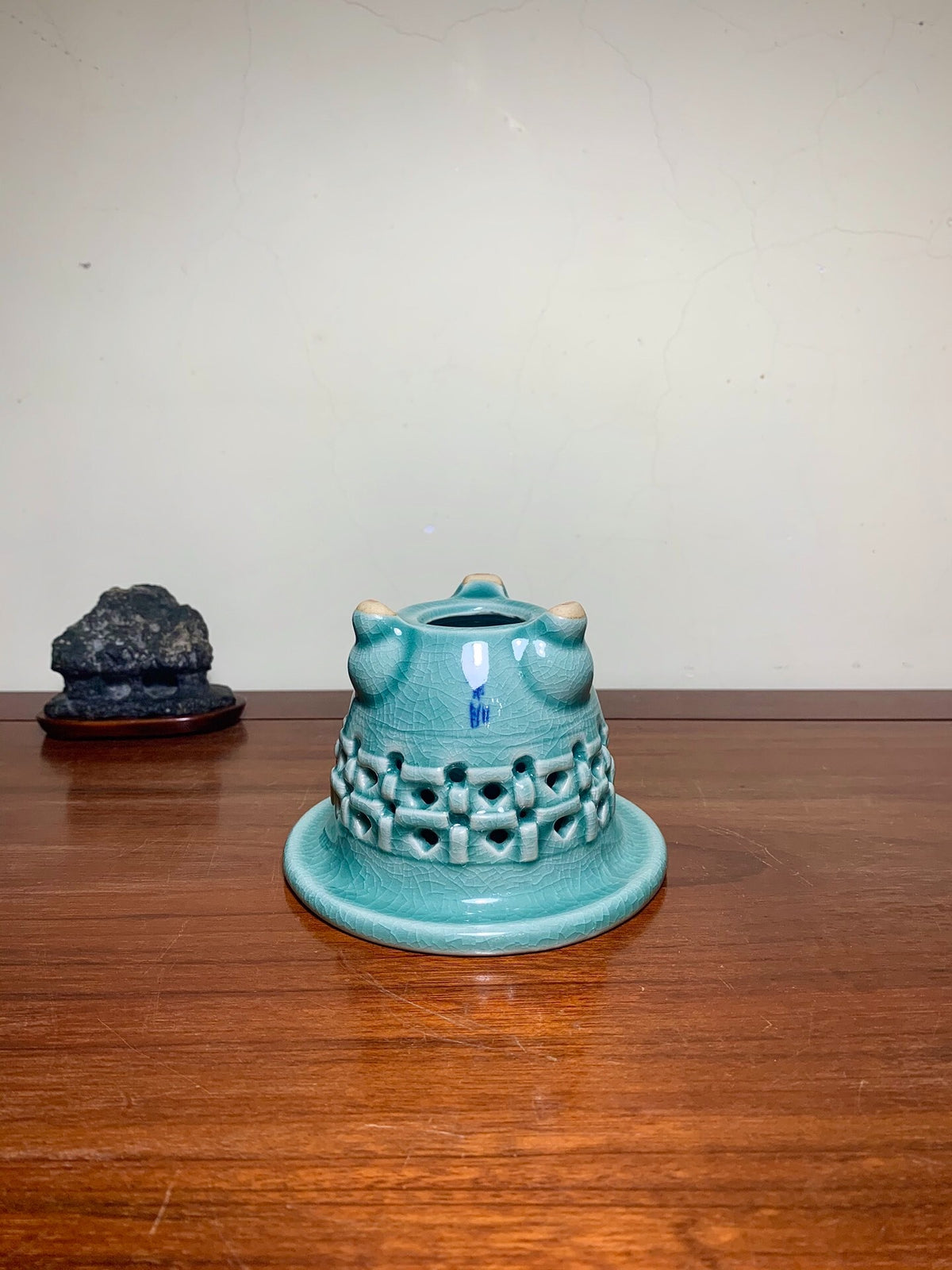 Blue-Green Glazed Pot with Crackled Glaze and Pierced Decoration by Meikō