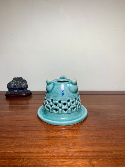 Blue-Green Glazed Pot with Crackled Glaze and Pierced Decoration by Meikō