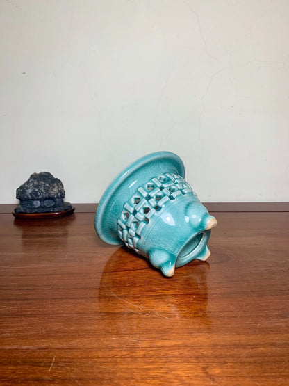 Blue-Green Glazed Pot with Crackled Glaze and Pierced Decoration by Meikō