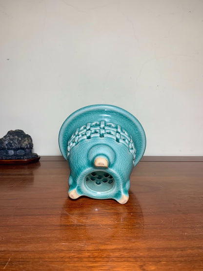 Blue-Green Glazed Pot with Crackled Glaze and Pierced Decoration by Meikō