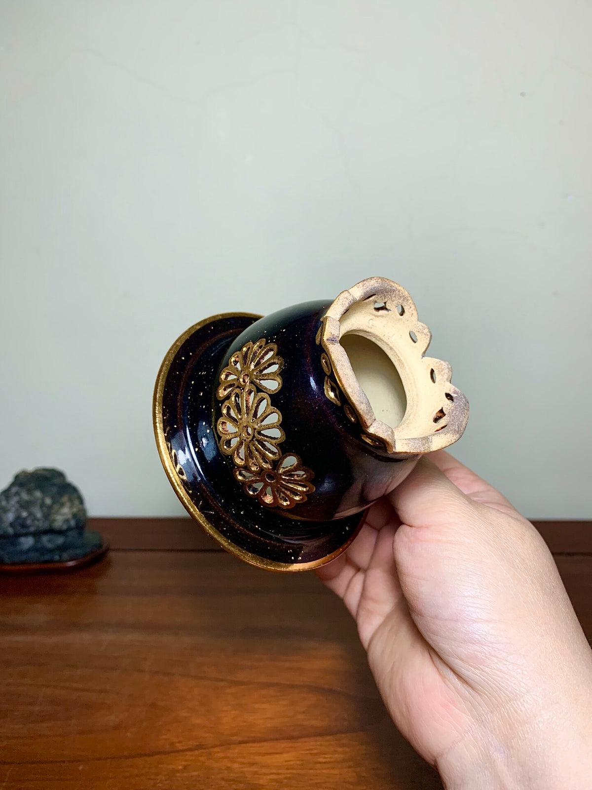 Sakai Tensan Classic Black Crystal Glaze Pierced Omoto Pot