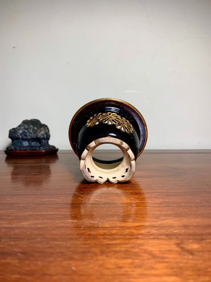 Sakai Tensan Classic Black Crystal Glaze Pierced Omoto Pot