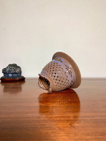 Sakai Tensan Shinsha Copper-Red Glaze Kiln-Transmuted Double Pattern Pierced Omoto Pot