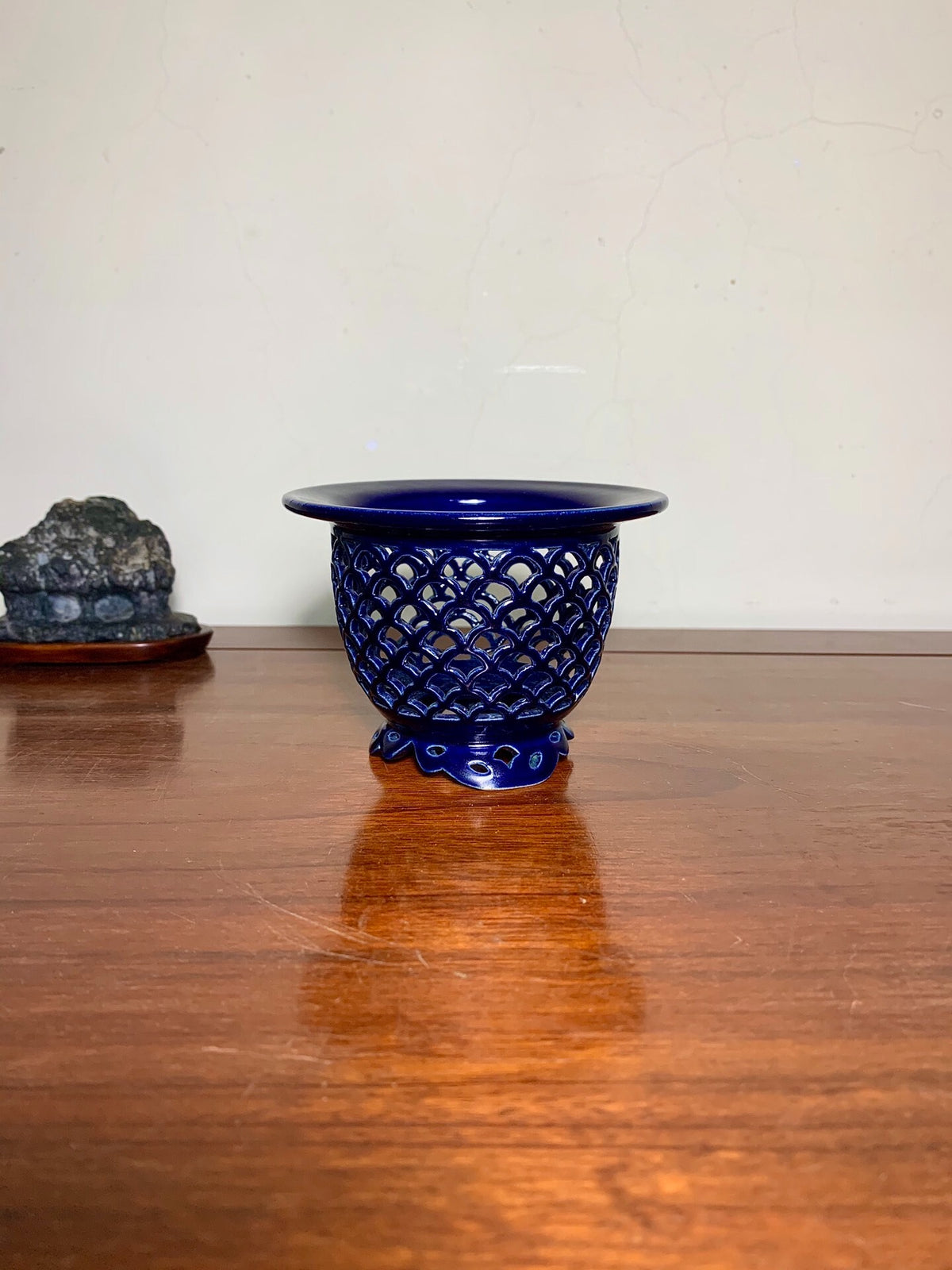 Sakai Tensan Ruri Blue Glaze Large Pierced Omoto Pot