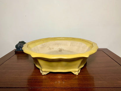 Yellow Glaze Lower Band Cloud Feet Antique Mirror-Rim Floral Japanese Pot by Shuufu
