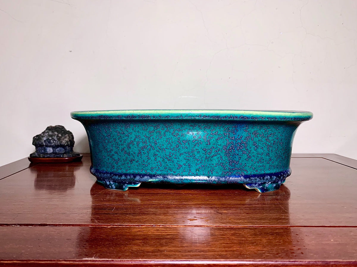 A glossy turquoise ceramic pot with speckled glaze and a green rim sits on a wooden surface.