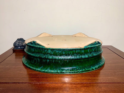 Green Glaze Kiln-Transmuted Cloud Feet Oval Japanese Pot by Shuufu