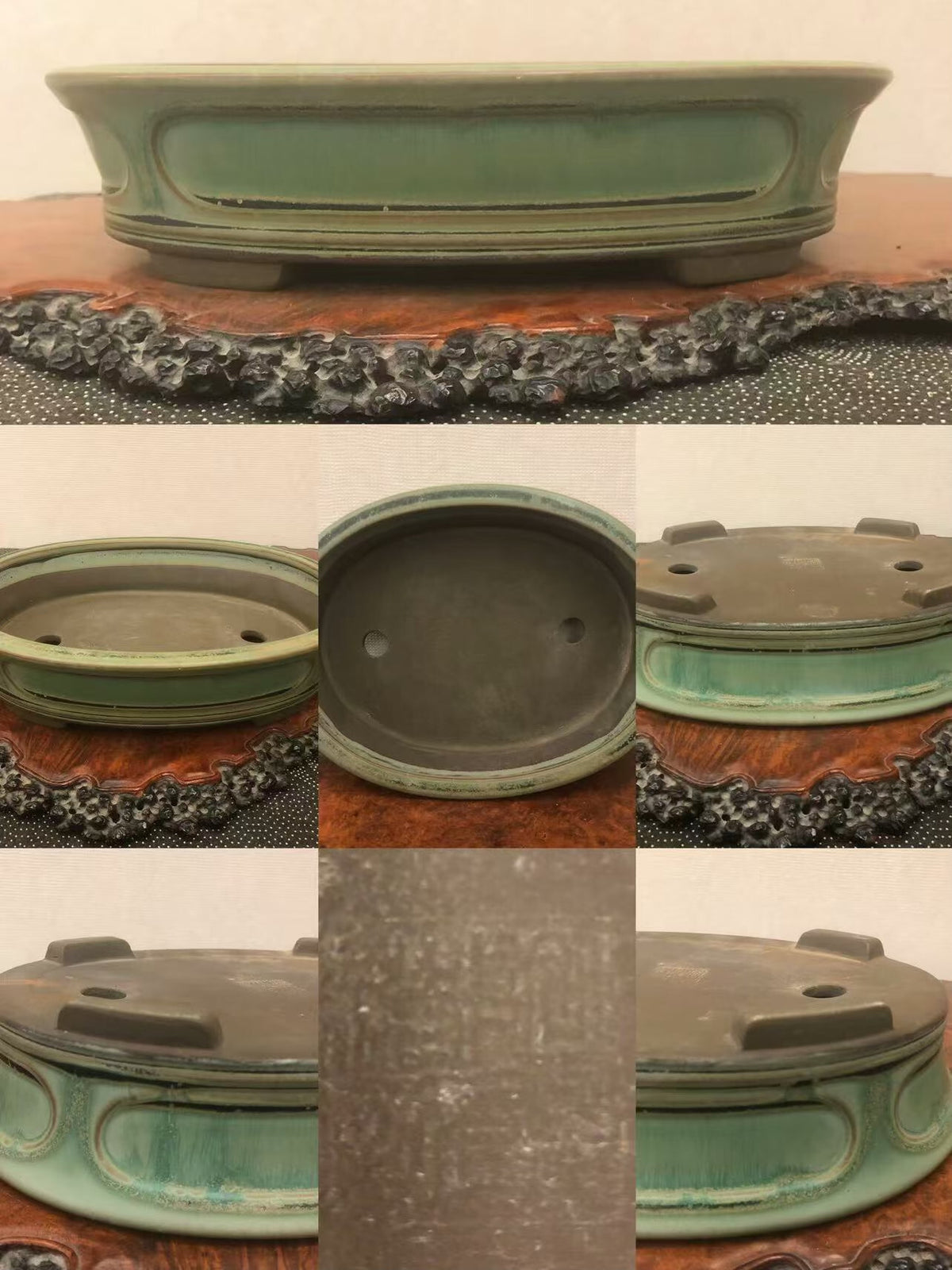 A green glazed oval bonsai pot with a textured surface and drainage holes.